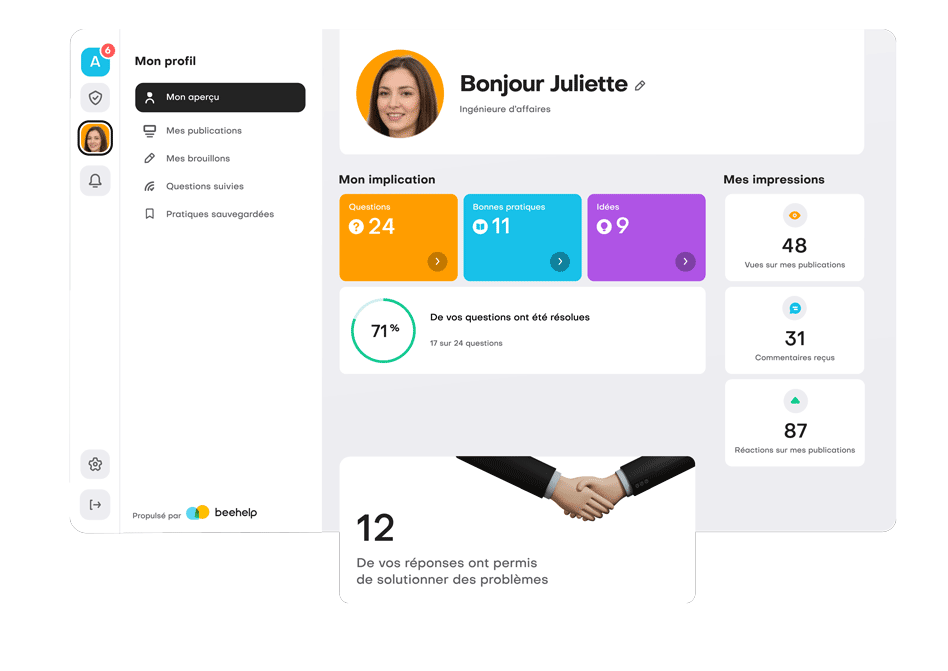 profile_mockup_comp Ecran montrant l'implication de l'utilisateur avec son écosystème Beehelp.